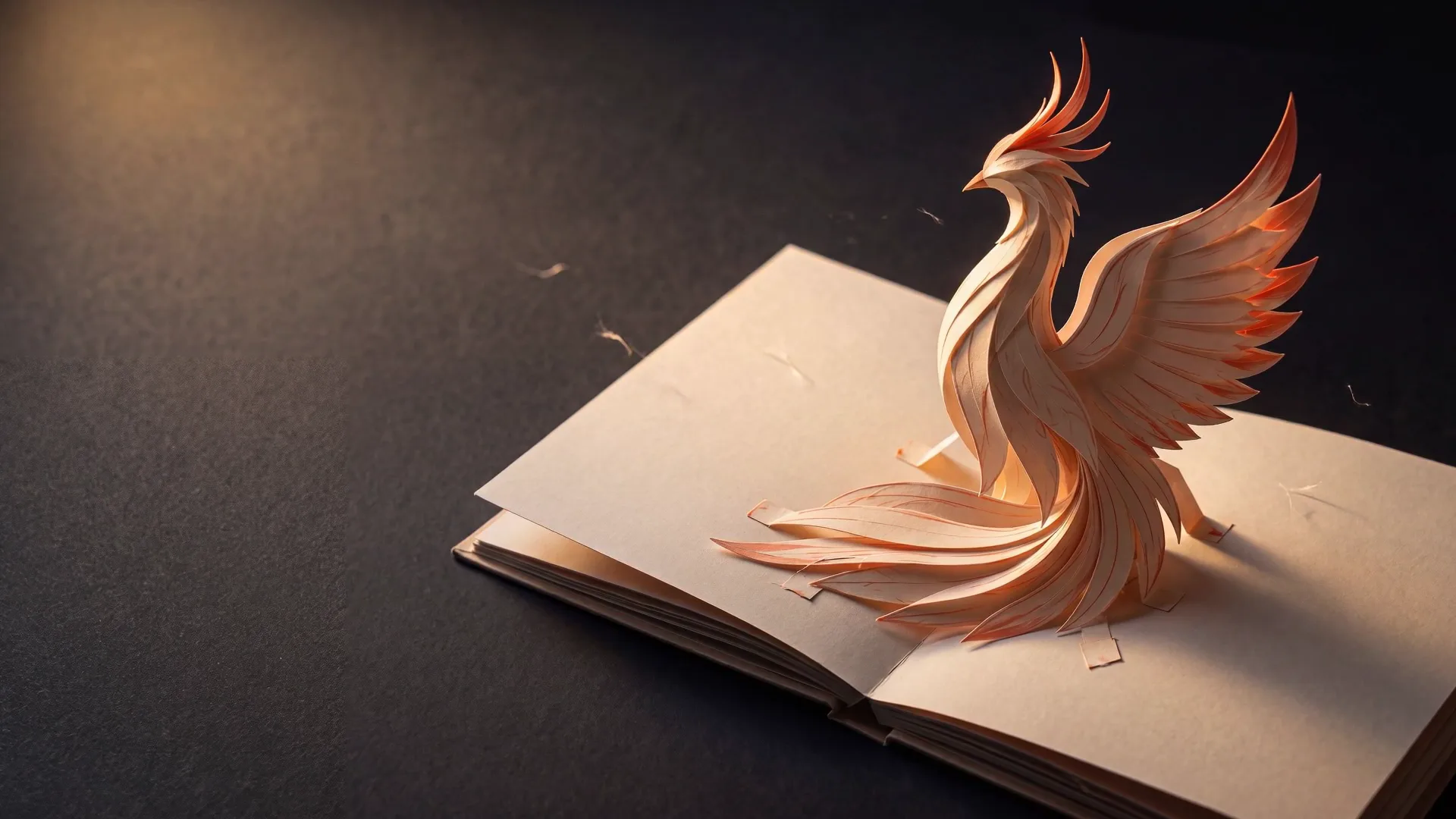 El fénix de papel de Fenix, alzado sobre un libro desplegable.